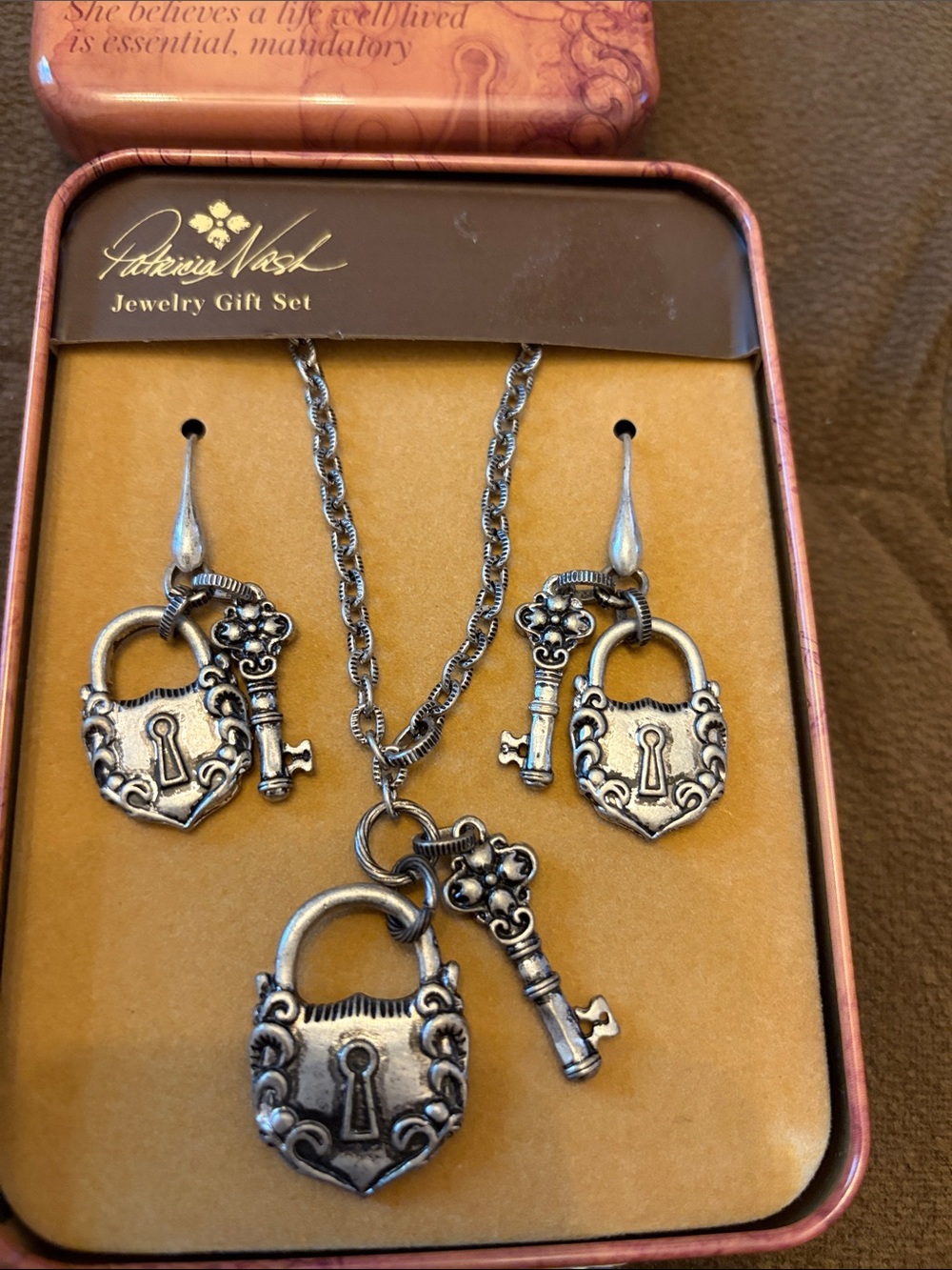 Patricia Nash Silver-Tone Padlock & Key Necklace and Earring Set 30 inch L - Picture 7 of 8